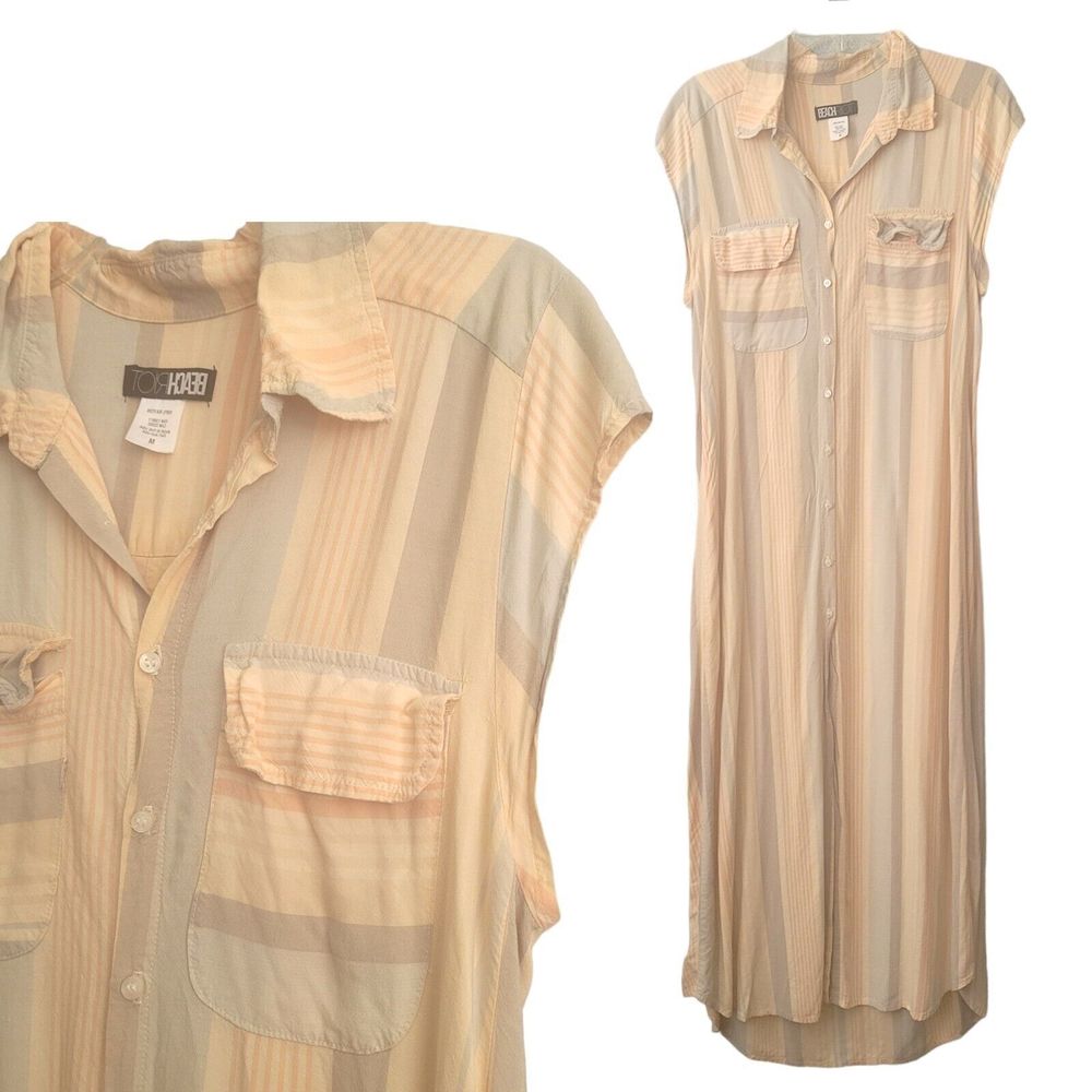 Beach Riot Cap Sleeve Maxi Cover Up Buttoned Dress Multi Stripe Womens M Pockets